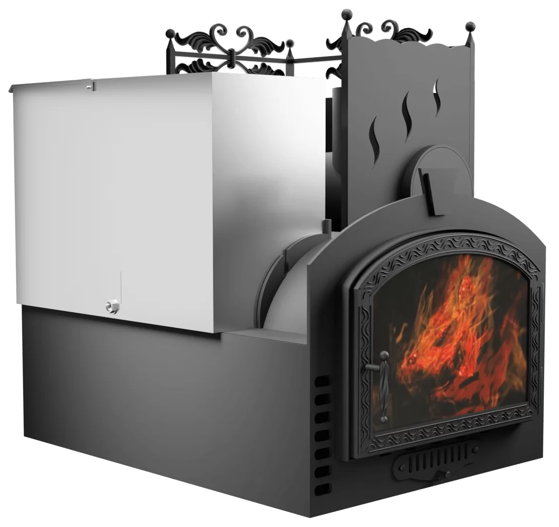 Печь Горыныч 3, каменка с правой стороны, большая дверь со стеклом, система воздушного отопления фото в Уфе